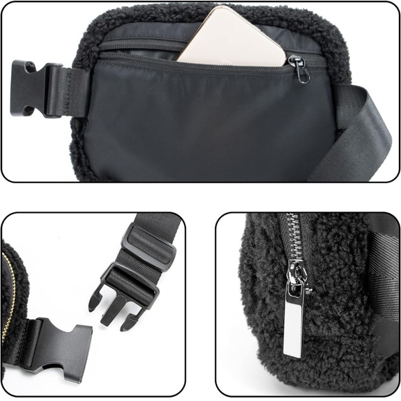 Fleece belt bag women sherpa crossbody waist bag adjustable strap black - Picture 6 of 8